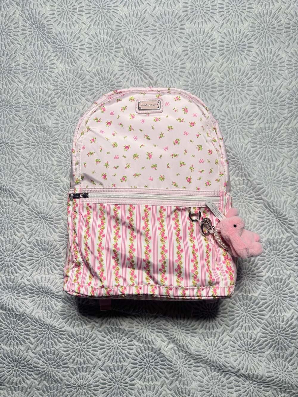 Madden Girl Pink Stripe Bow Floral Backpack W/ Charms